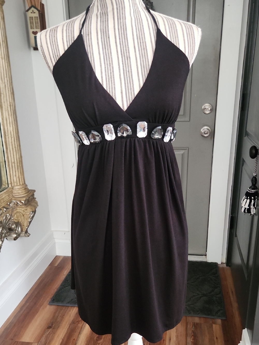 Wet Seal Y2k Black Halter Dress with Jewel Waistband